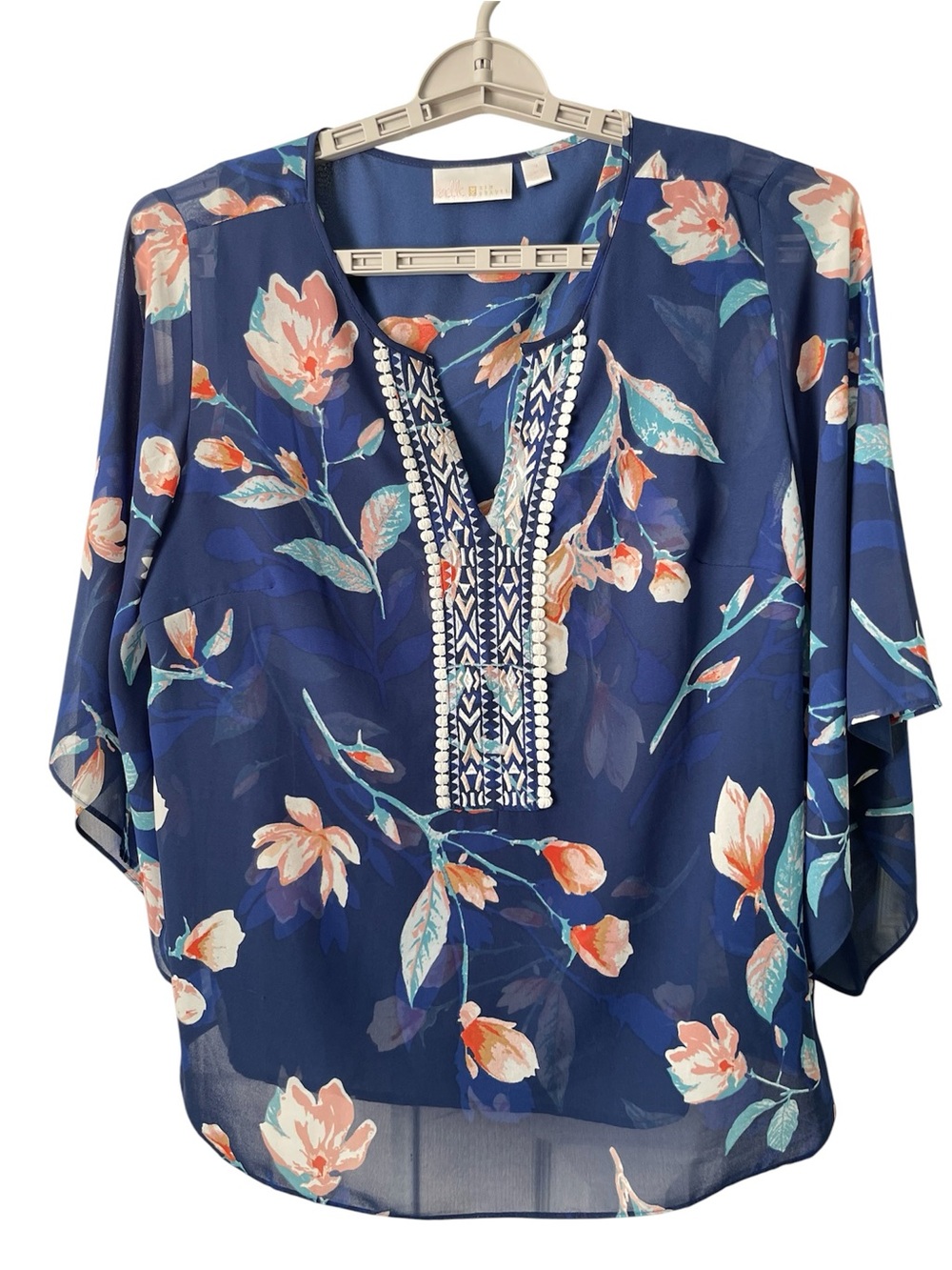 Belle  by kim Gravel Floral Medallion Chiffon Blouse Embroidered Placket Size M